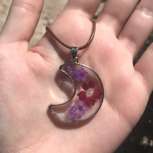 Crescent moon pressed flower necklace